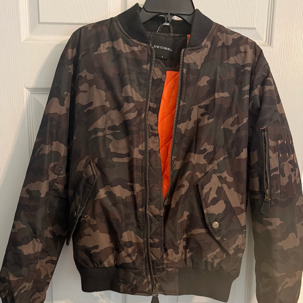Men's Camo Bomber Jacket with Orange Lining